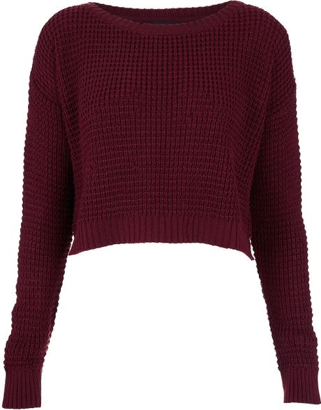 Topshop Knitted Textured Crop Jumper in Red (burgundy) | Lyst