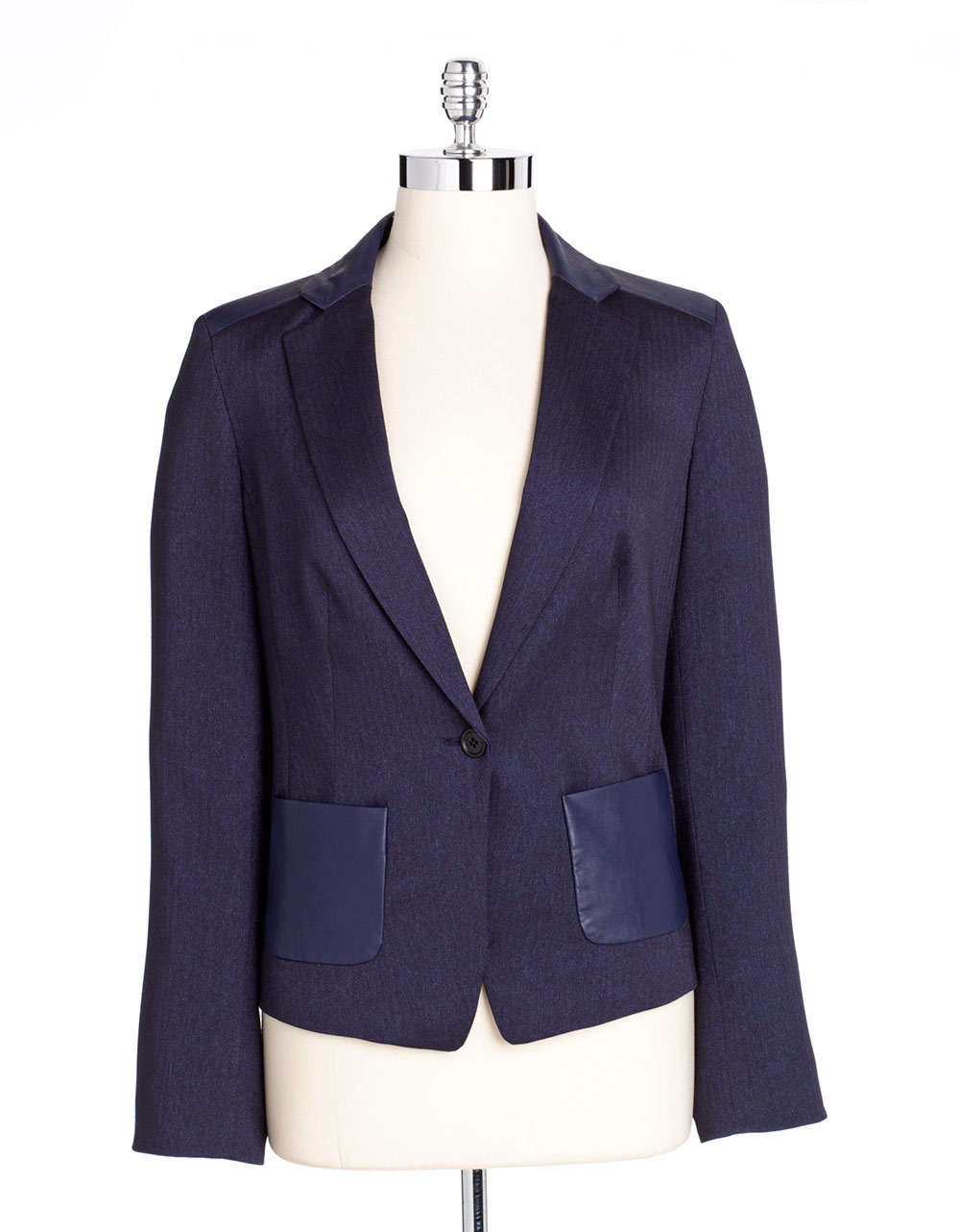 Anne Klein Herringbone Faux Leather Jacket in Blue (navy) | Lyst