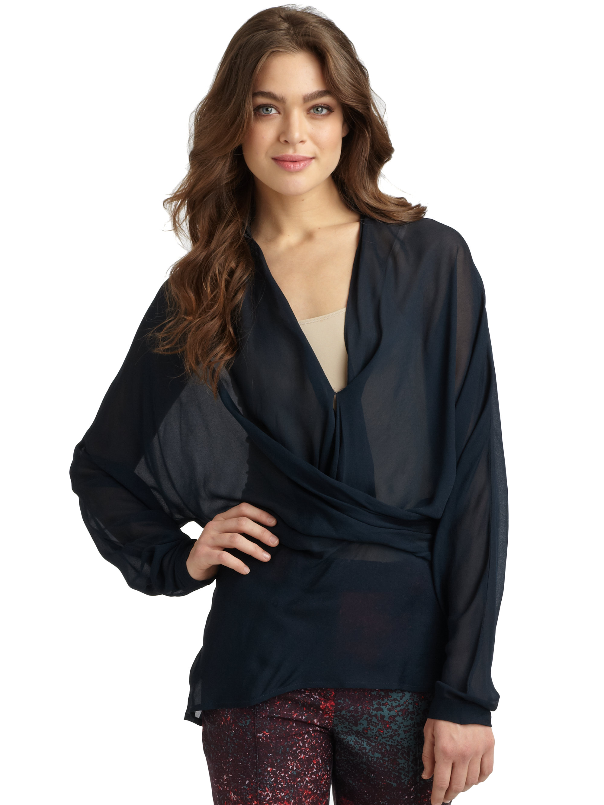 Halston Heritage Sheer Draped Chiffon Blouse in Blue (navy) | Lyst