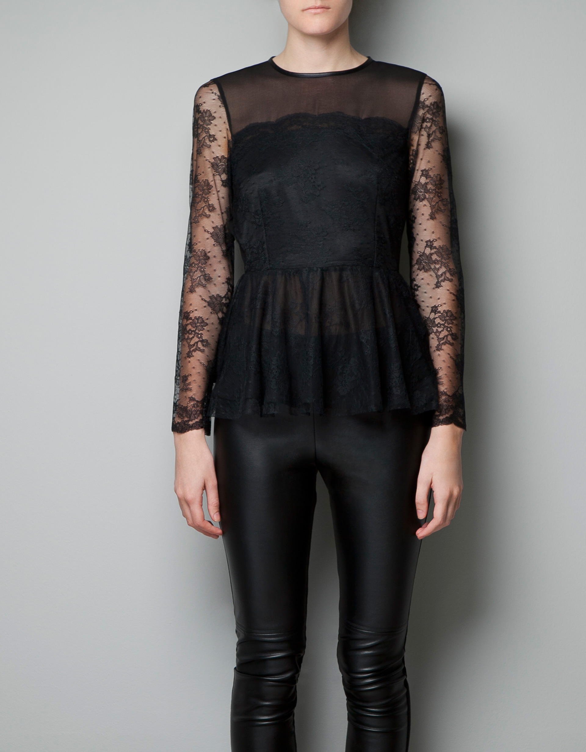 Zara Sheer Lace Peplum Top in Black | Lyst