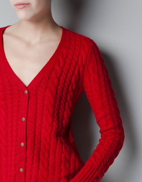 Zara Cable Knit Cardigan in Red | Lyst