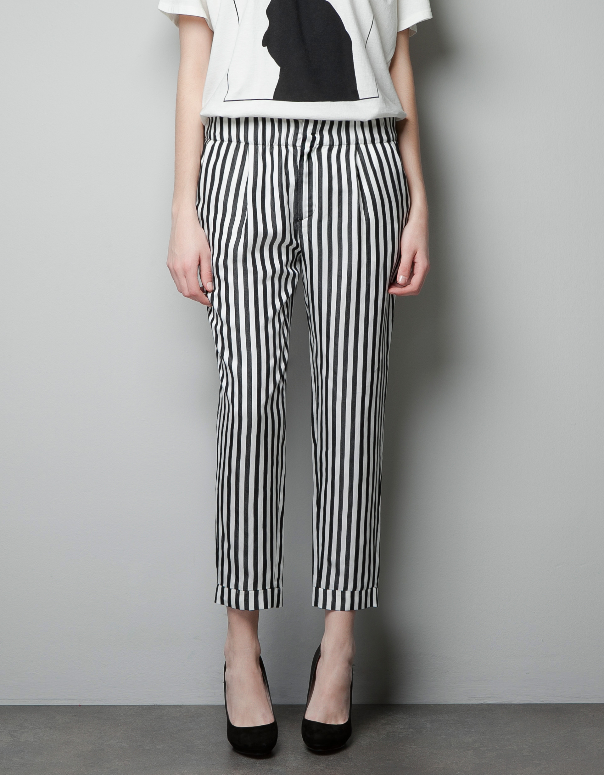 blue and white striped trousers