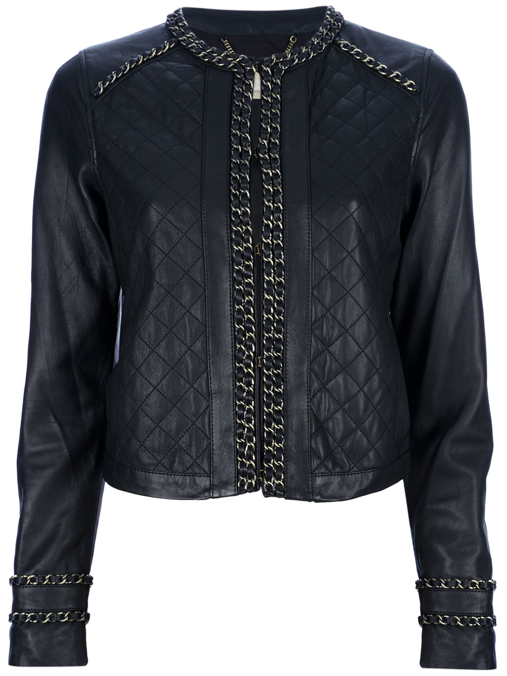 Michael kors Chain Detailed Leather Jacket in Black | Lyst