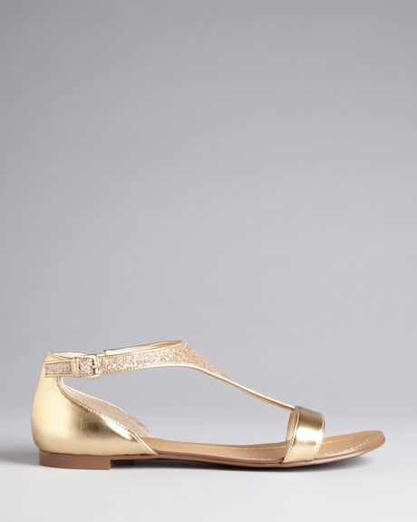 Flat Sandals: Gold T Strap Sandals Flat