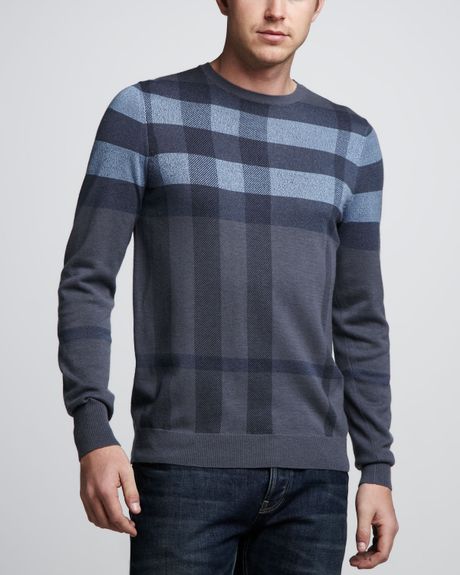 Burberry Check Crewneck Sweater in Blue for Men (pale indigo) | Lyst