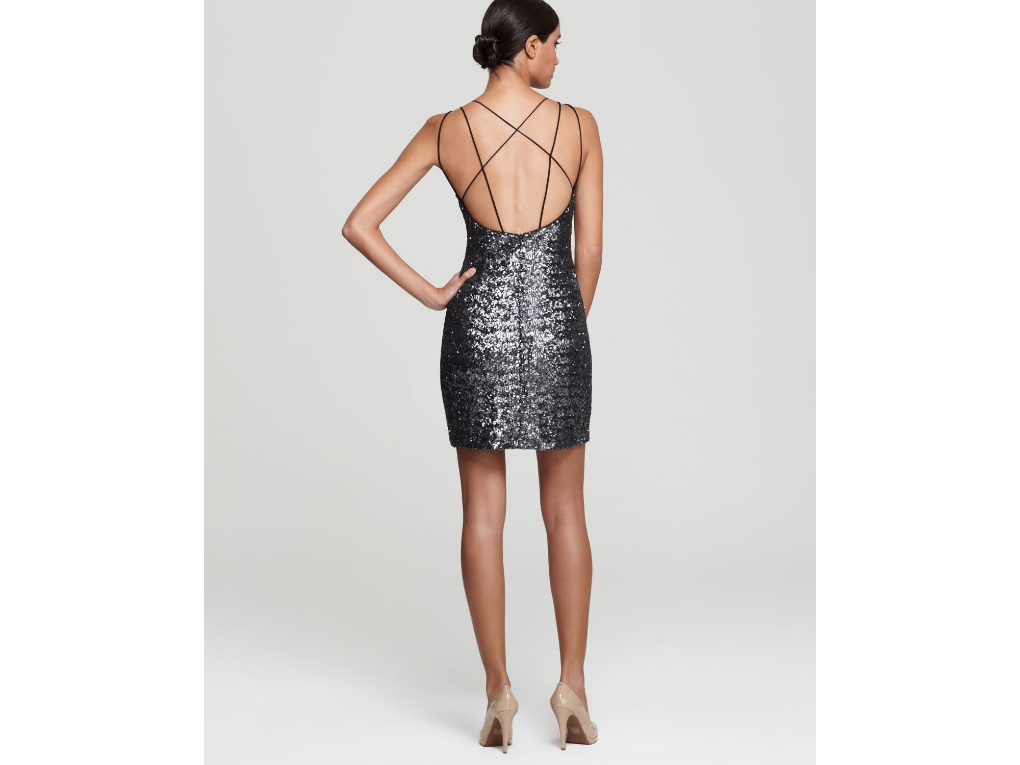 Nicole miller Sequin Dress High Neck Strappy Back in Metallic - Lyst