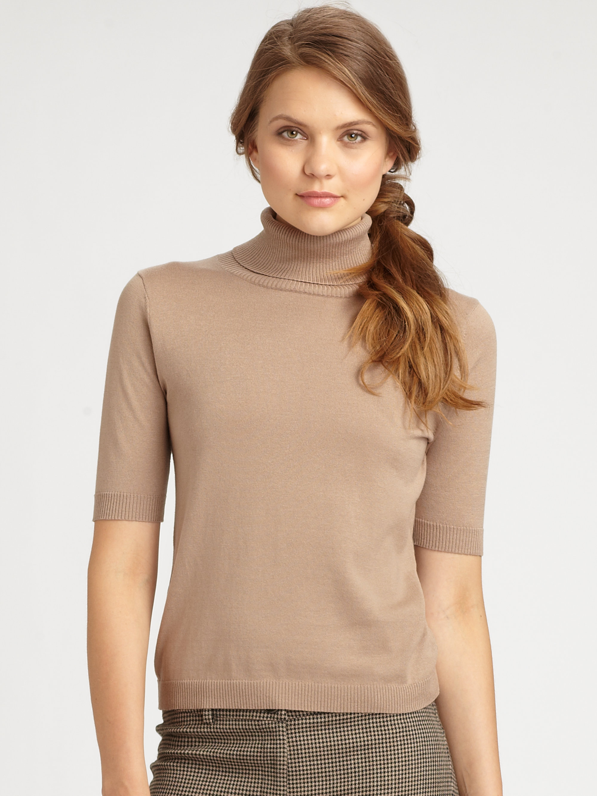 Weekend by maxmara Silk-Cotton Short-Sleeve Turtleneck in Natural | Lyst