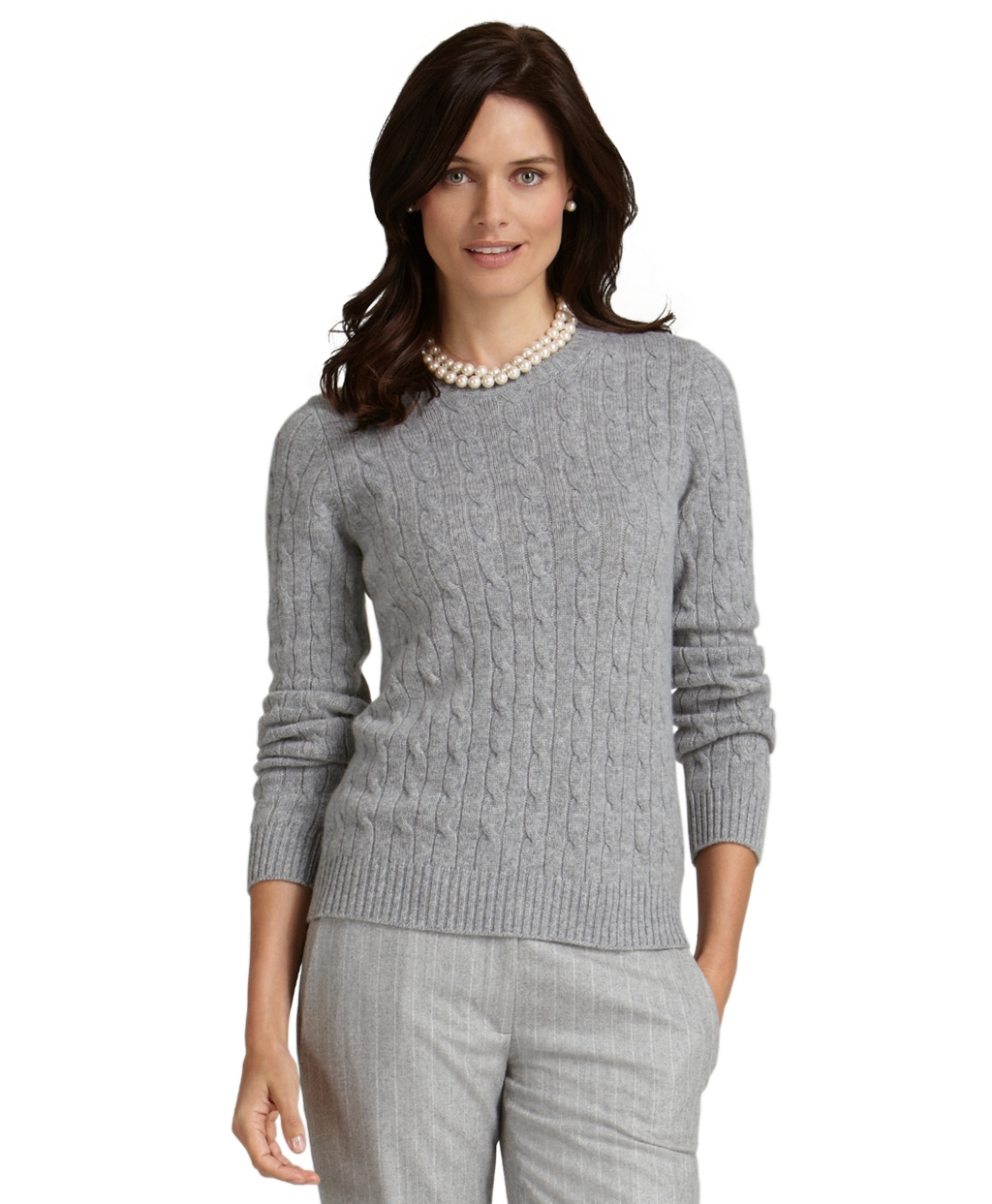 Brooks Brothers Cashmere Cable Crewneck Sweater in Gray (light heather ...