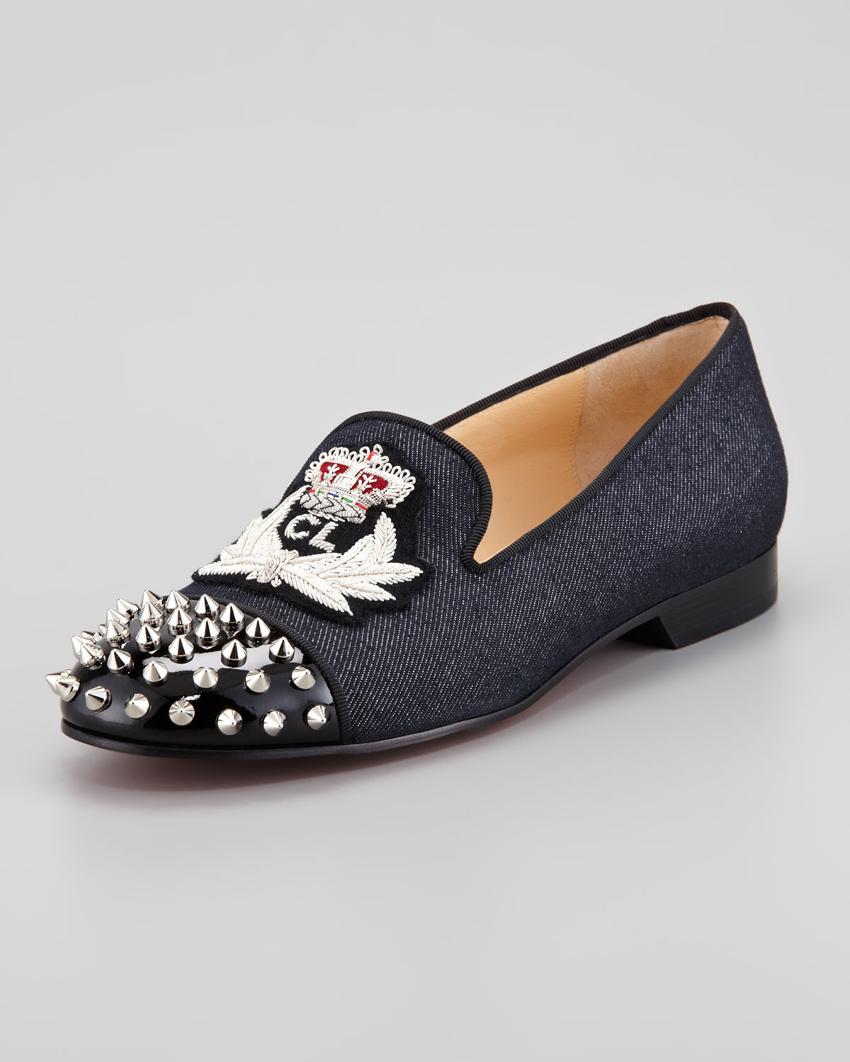 Christian louboutin Intern Spiked Captoe Denim Red Sole Loafer in ...