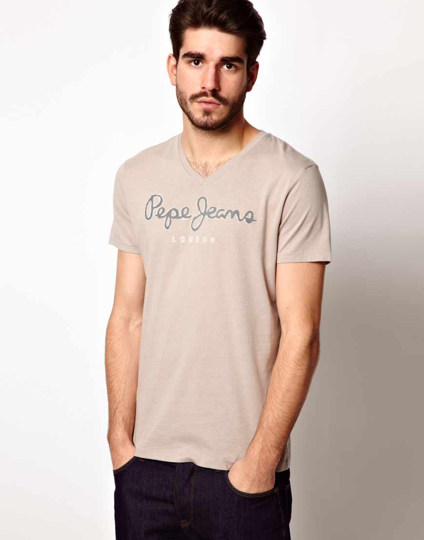 Pepe jeans T-shirt V Neck Logo in Gray for Men | Lyst