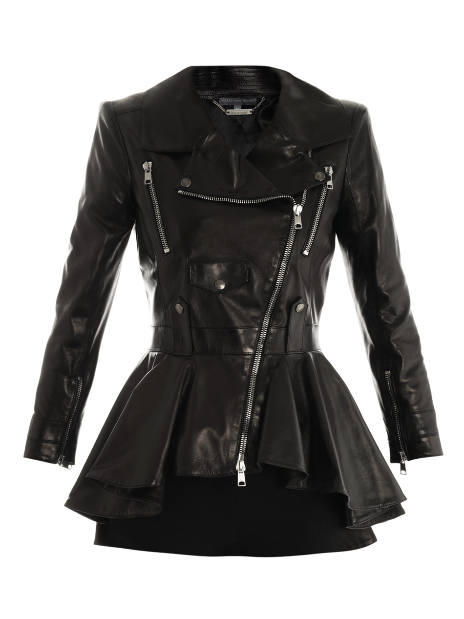 Alexander Mcqueen Waterfall Peplum Leather Jacket in Black | Lyst
