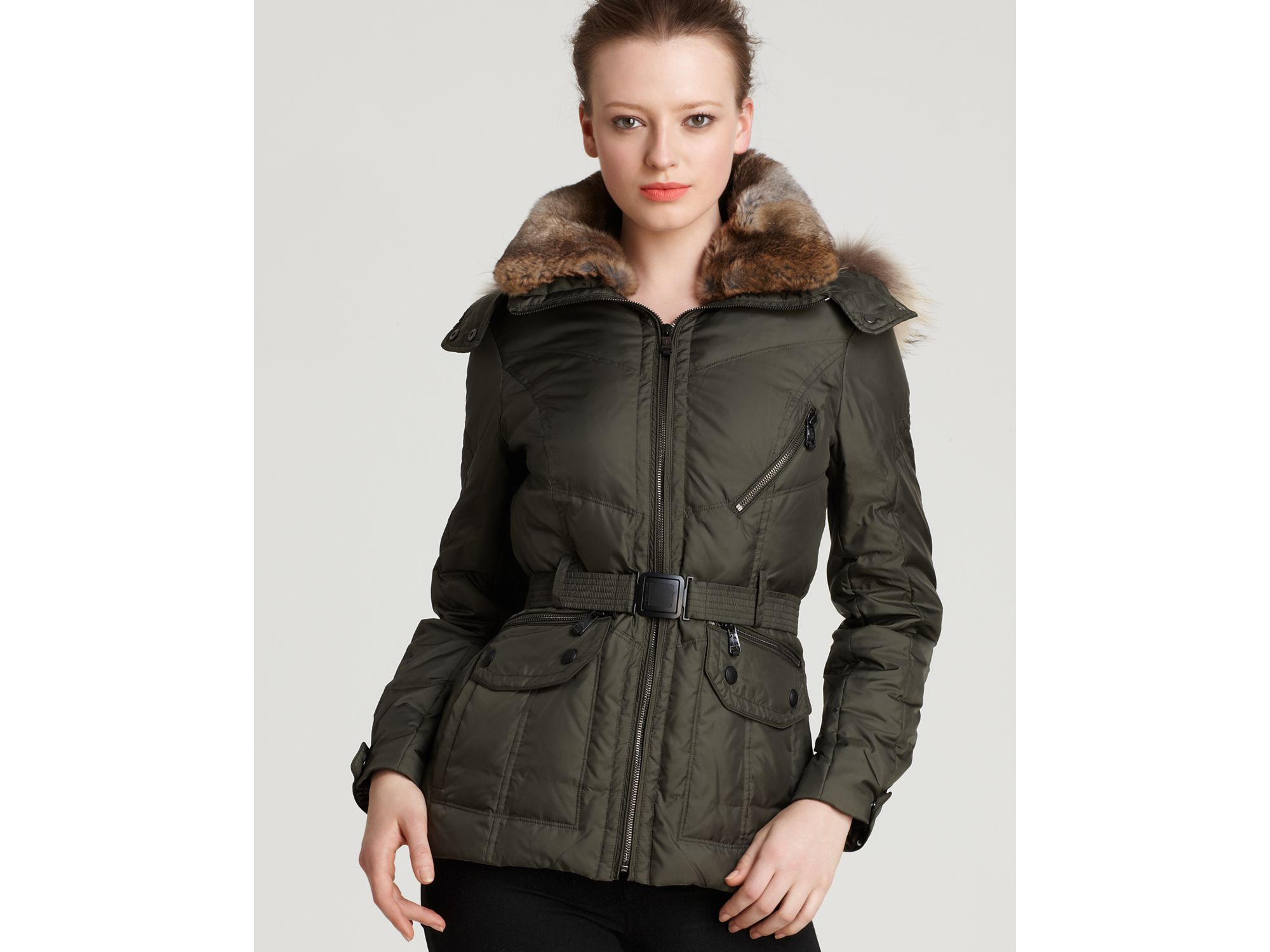 Lyst - Andrew marc Fur Trimmed Belted Puffer Jacket in Green