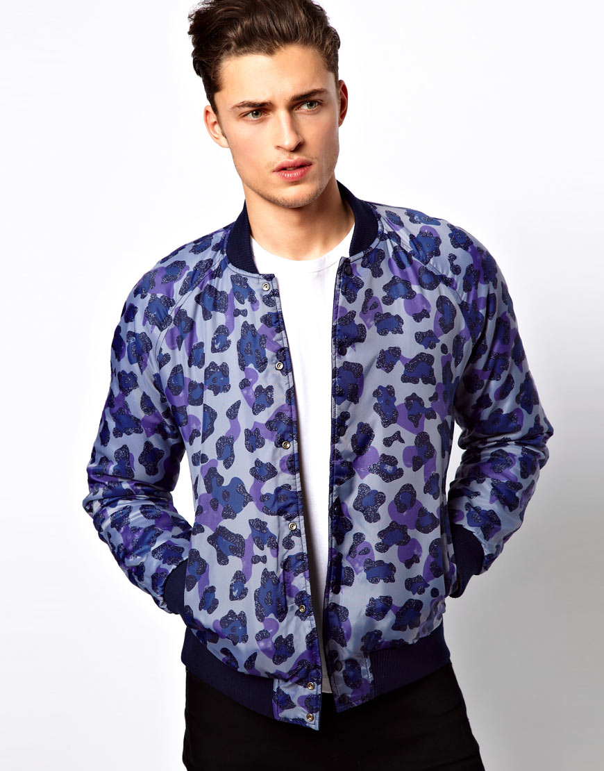 Lyst - Asos Reversible Bomber Jacket with Animal Print in Blue for Men