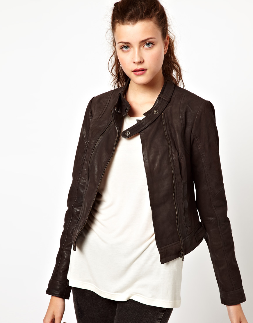 Lyst - Asos Vero Moda Collarless Leather Jacket in Brown