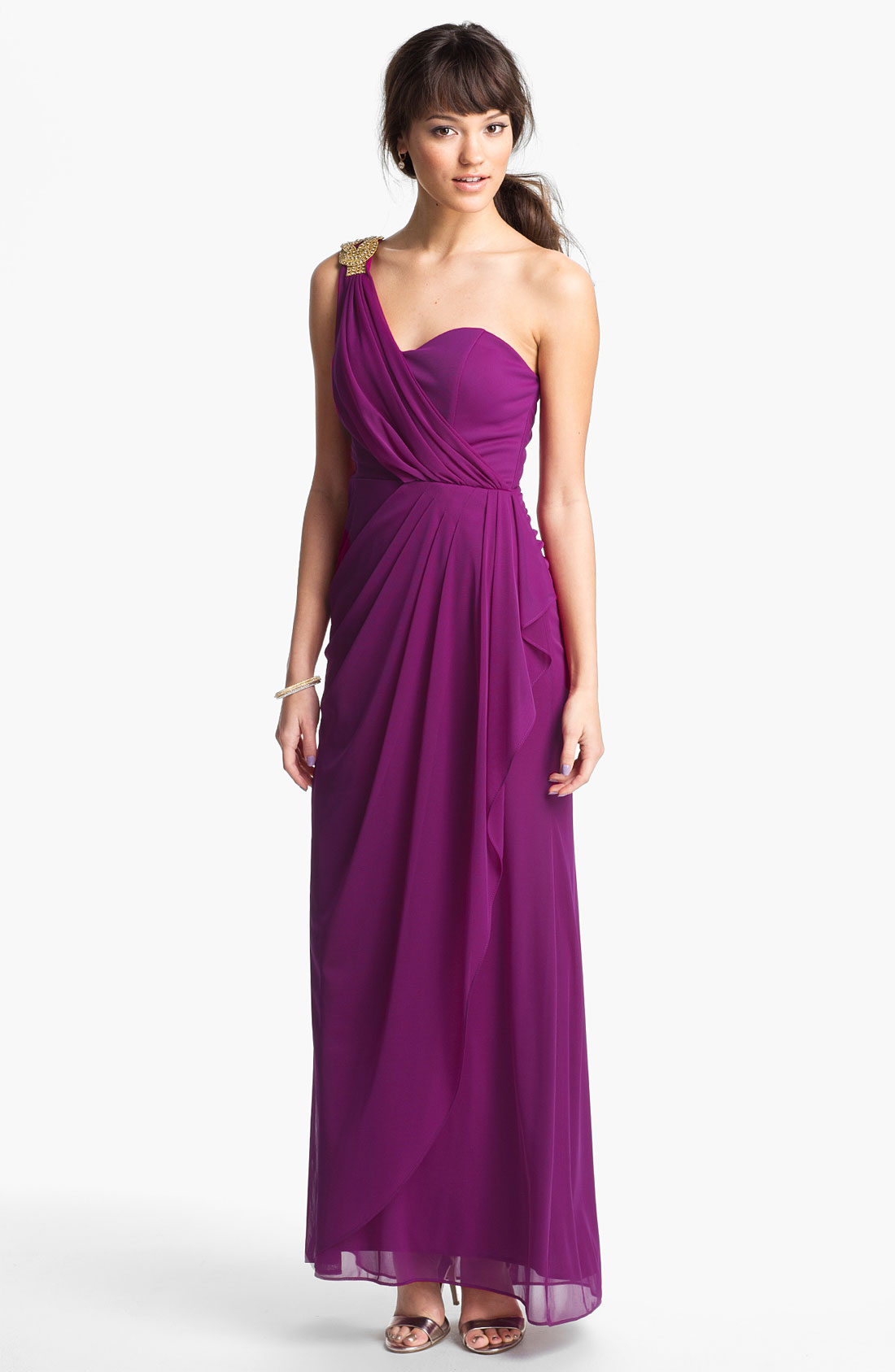 Xscape Beaded One Shoulder Sheer Mesh Gown in Purple (end of color list ...