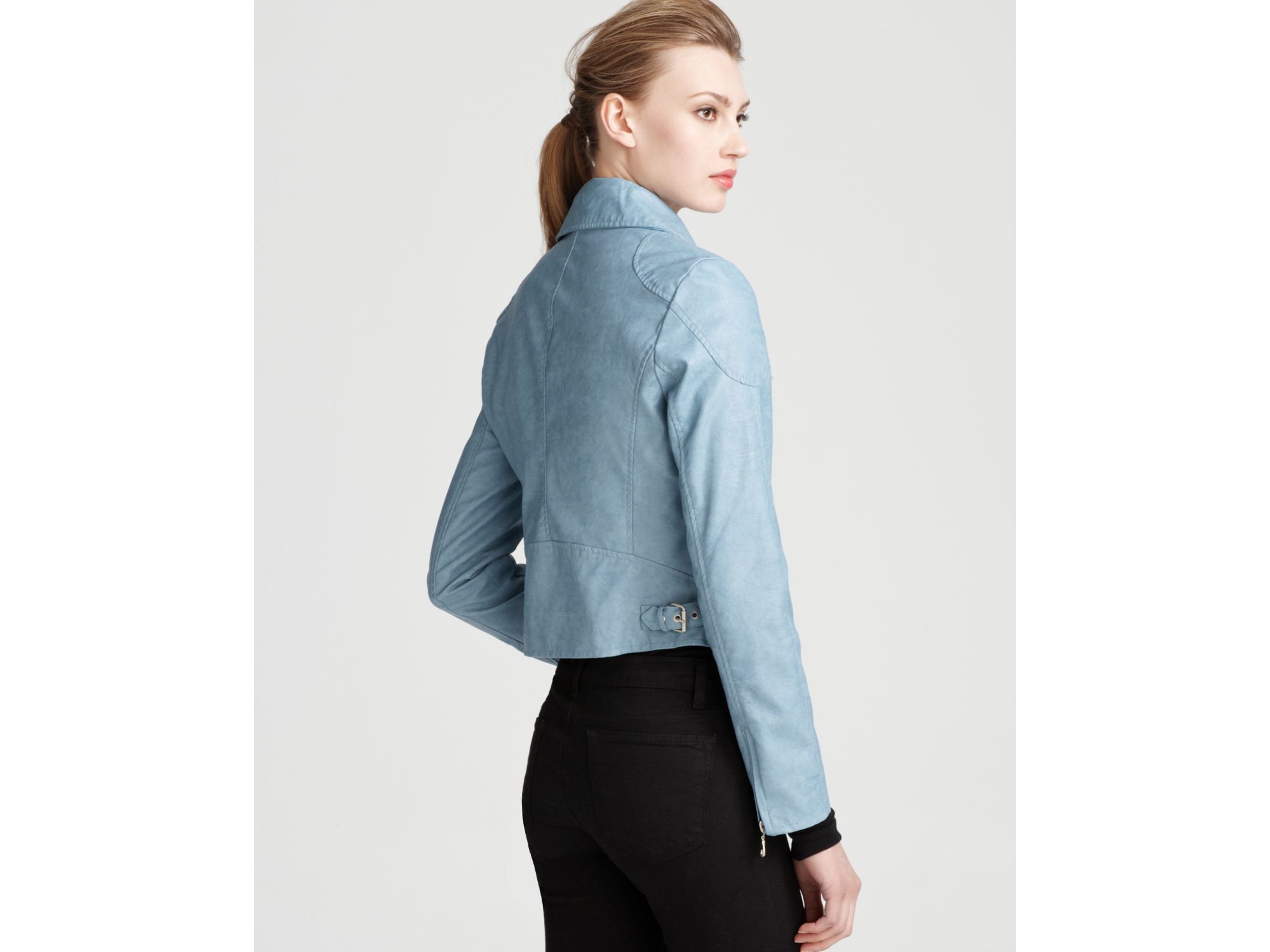 Dkny Faux Leather Asymmetrical Zip Moto Jacket In Blue Lyst Gallery