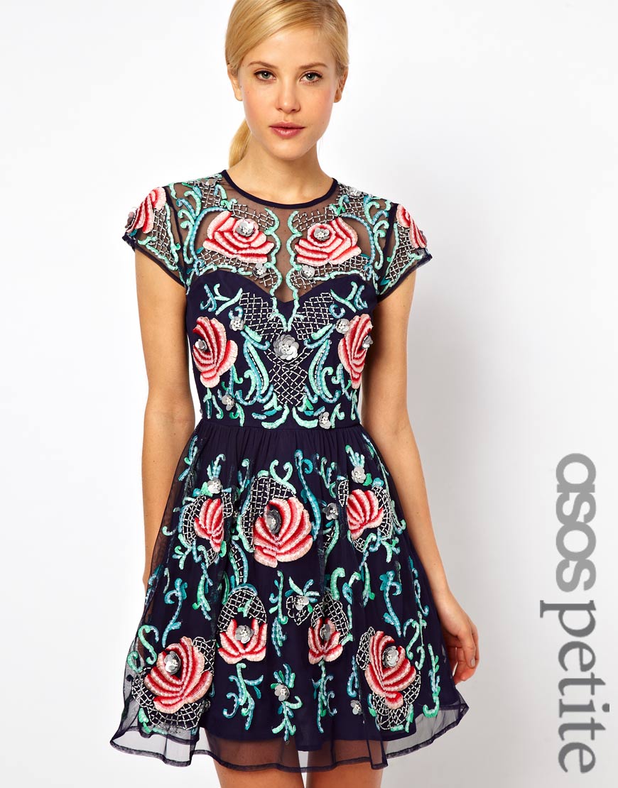 Asos Premium Skater Dress with Floral Embellishment in Blue | Lyst