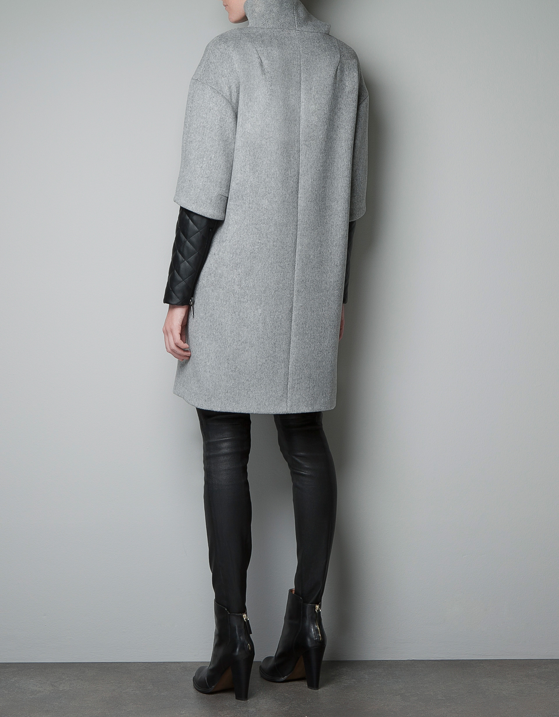 Zara Zip Coat With Quilted Faux Leather Sleeves In Gray Lyst Gallery Women S Quilted Coats