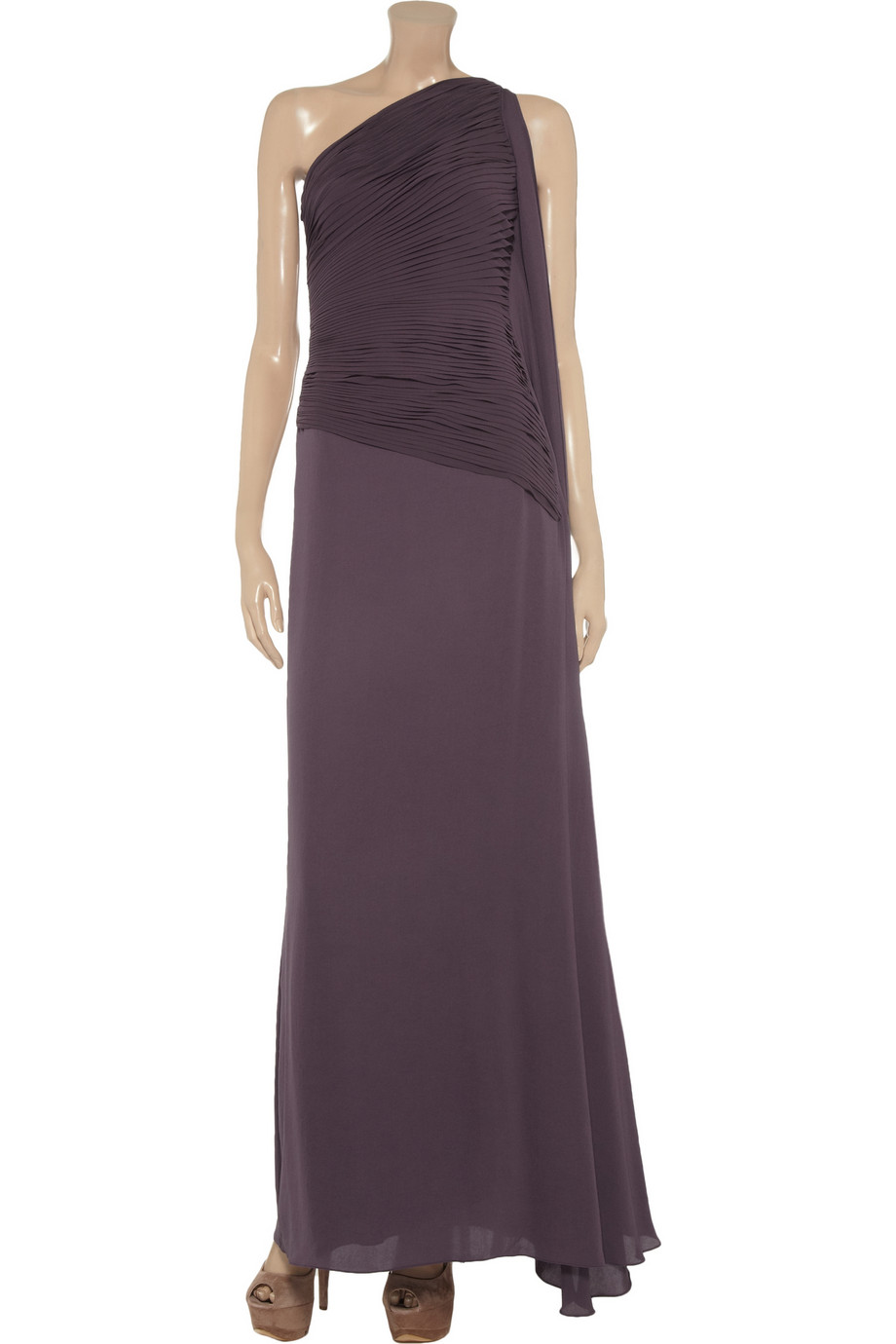 halston violet strapless crepe gown