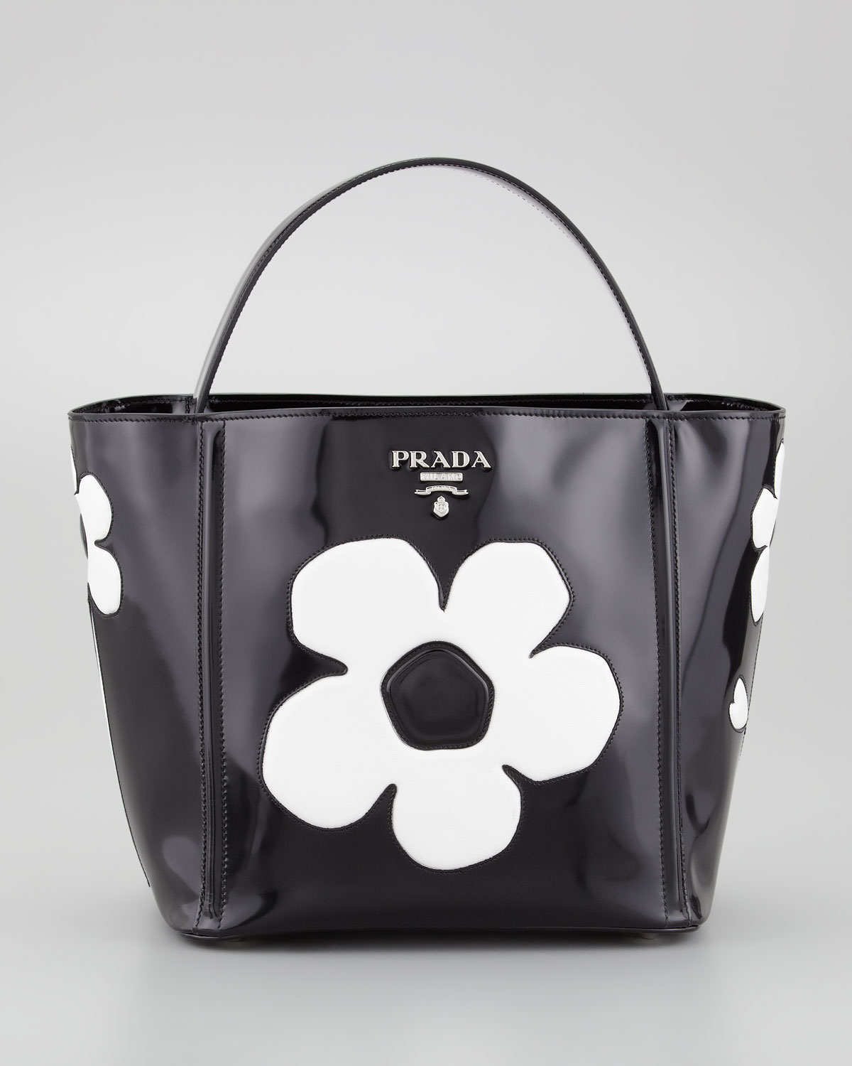 Prada Spazzolato Floral Open Bucket Bag in White (white/black) | Lyst