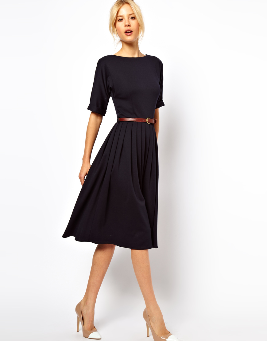 Asos Midi Dress With Full Skirt And Belt In Blue Navy Lyst 