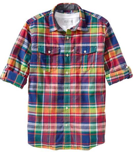 Old Navy Regular Fit Roll Sleeve Madras Shirts in Multicolor for Men ...