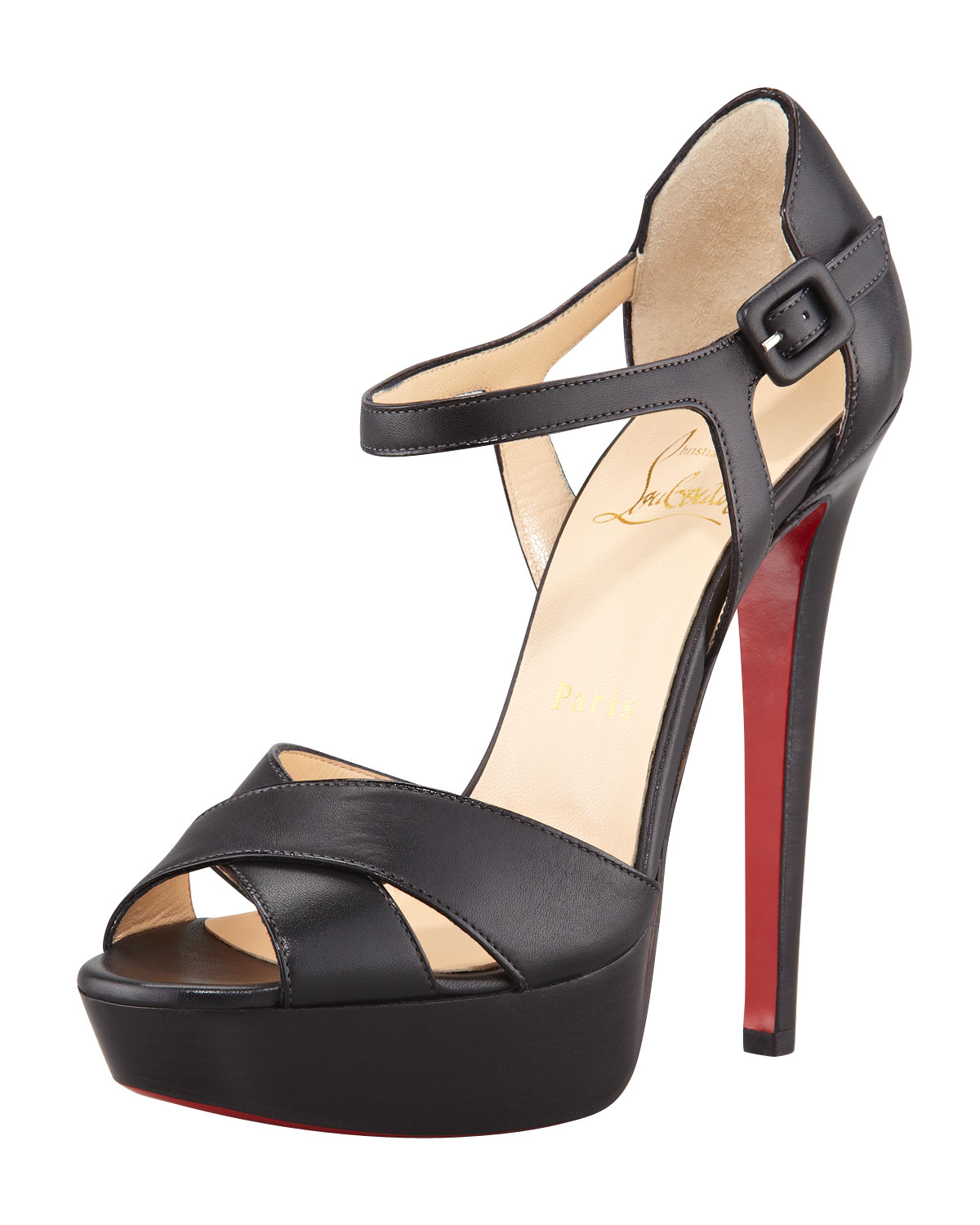 christian louboutin mixed leather red sole mule sandals