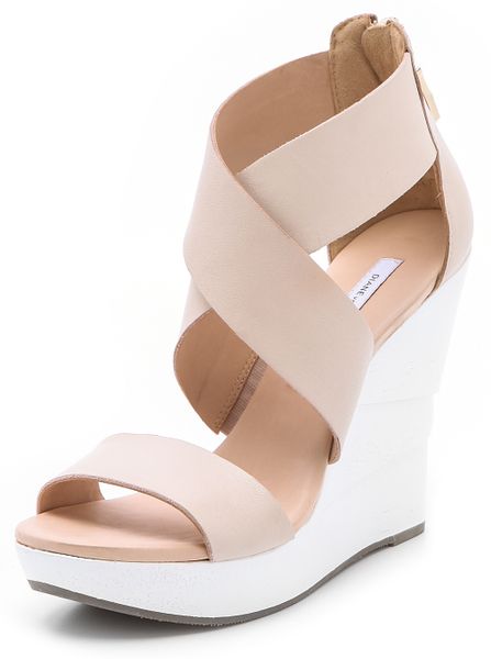 Diane Von Furstenberg Opal White Lacquered Wedge Sandals in Beige | Lyst