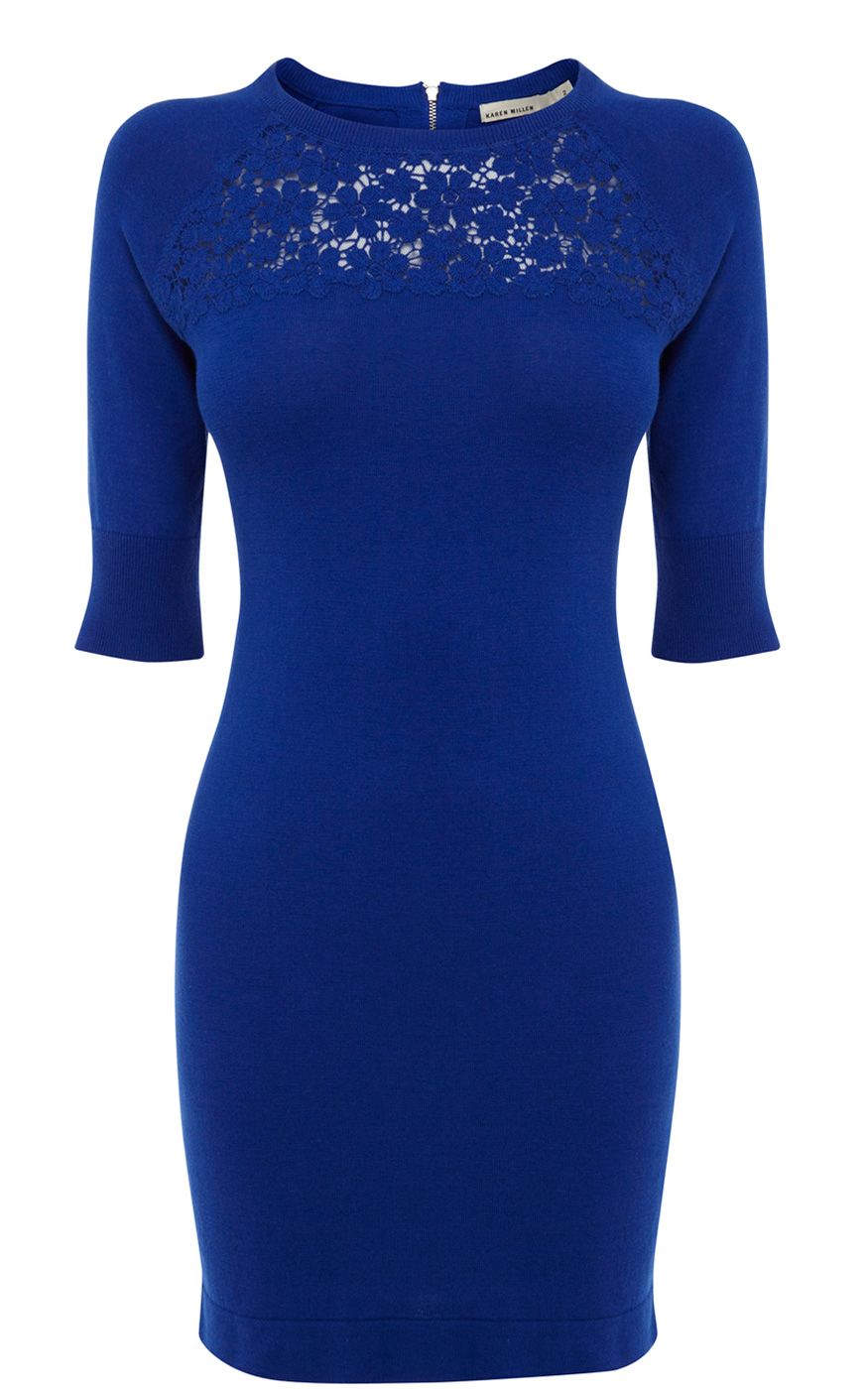 Karen Millen Lace Insert Dress in Blue | Lyst