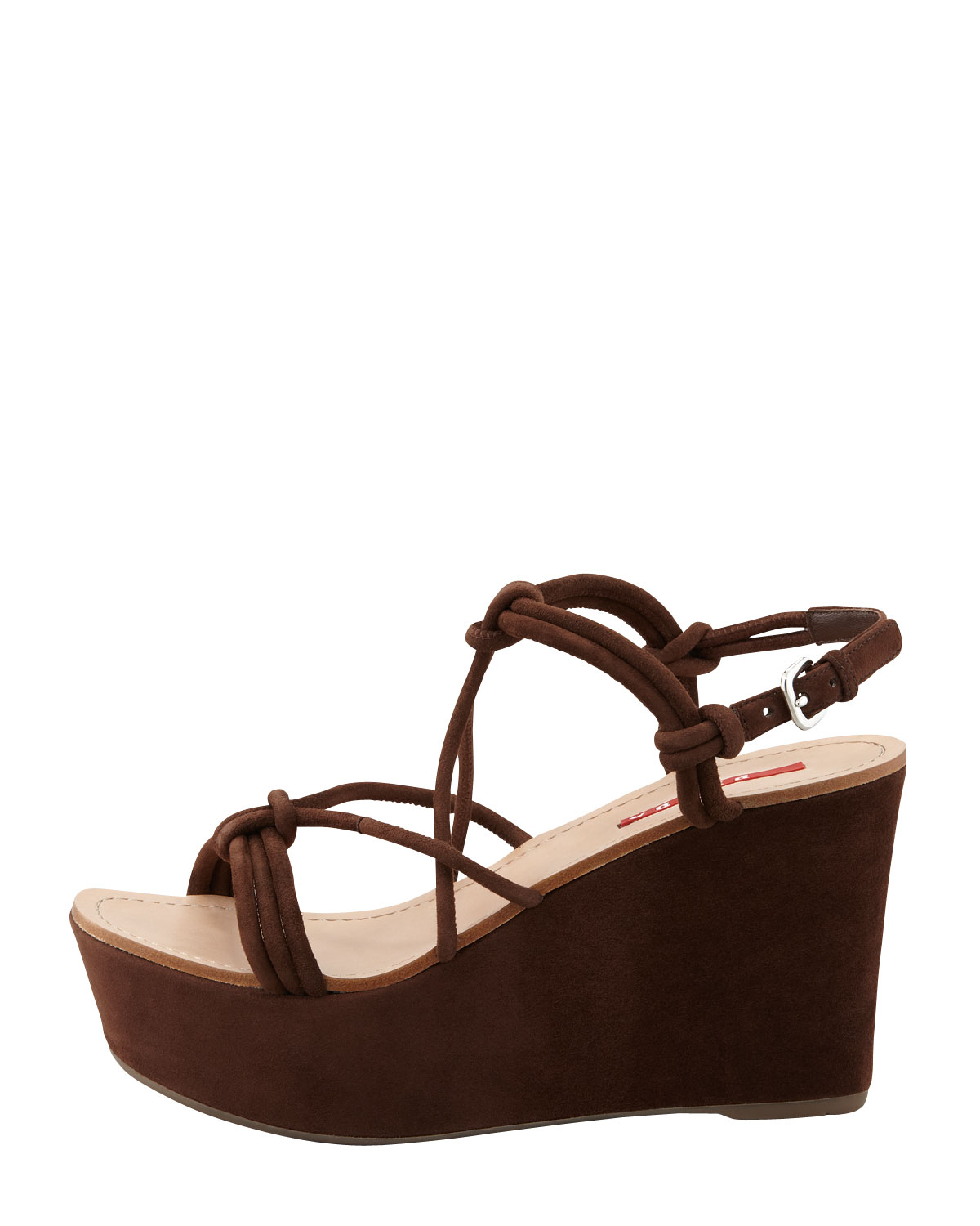 Prada Suede Strappy Knot Wedge Sandal Brown in Brown | Lyst  