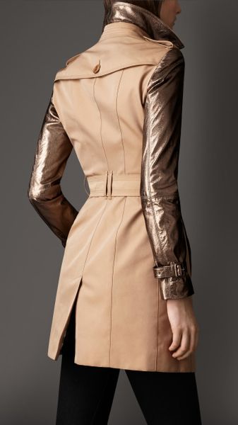 Burberry Mid-Length Metallic Leather Sleeve Trench Coat in Gold (honey ...