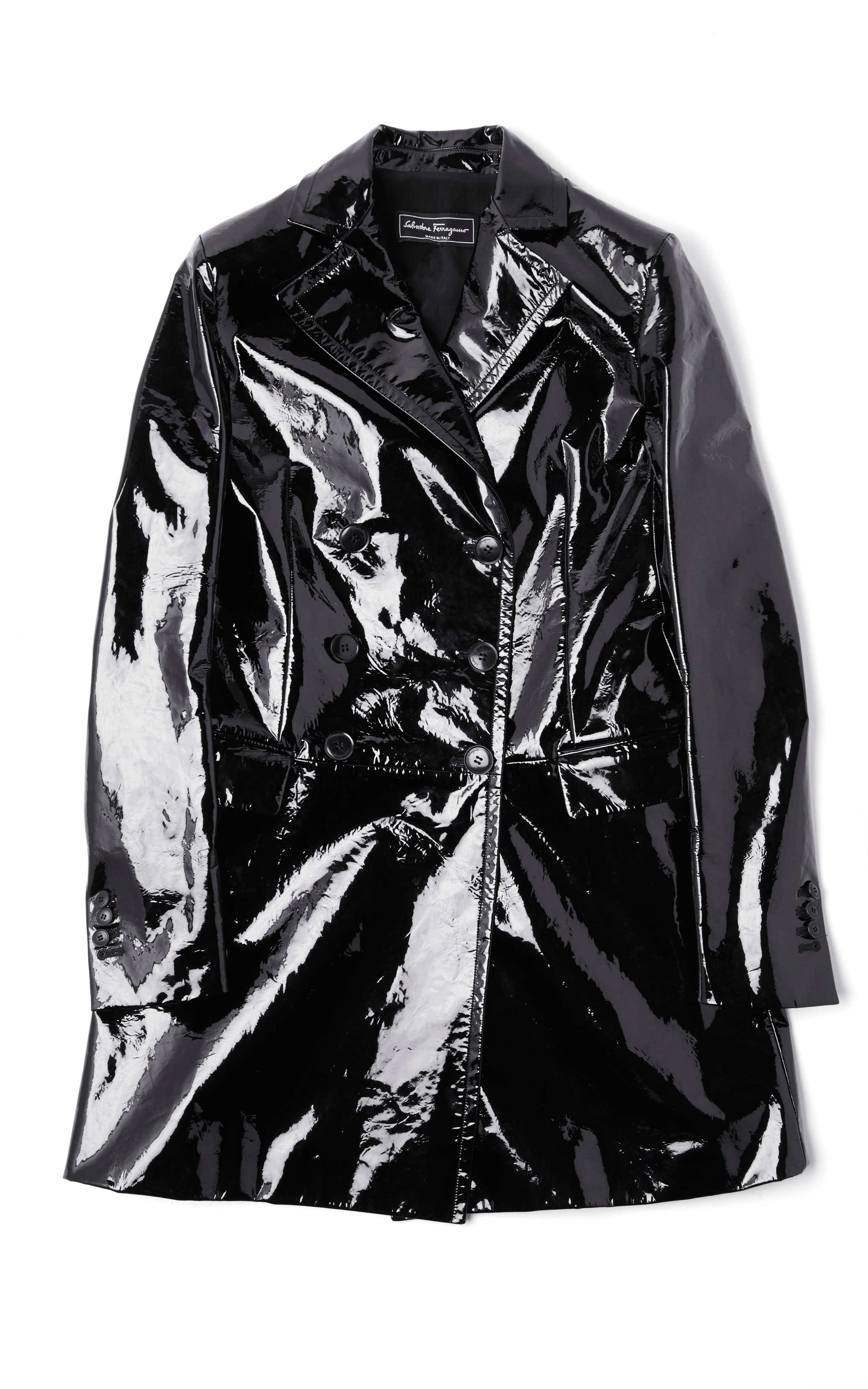 Ferragamo Double Breasted Patent Leather Coat in Black | Lyst