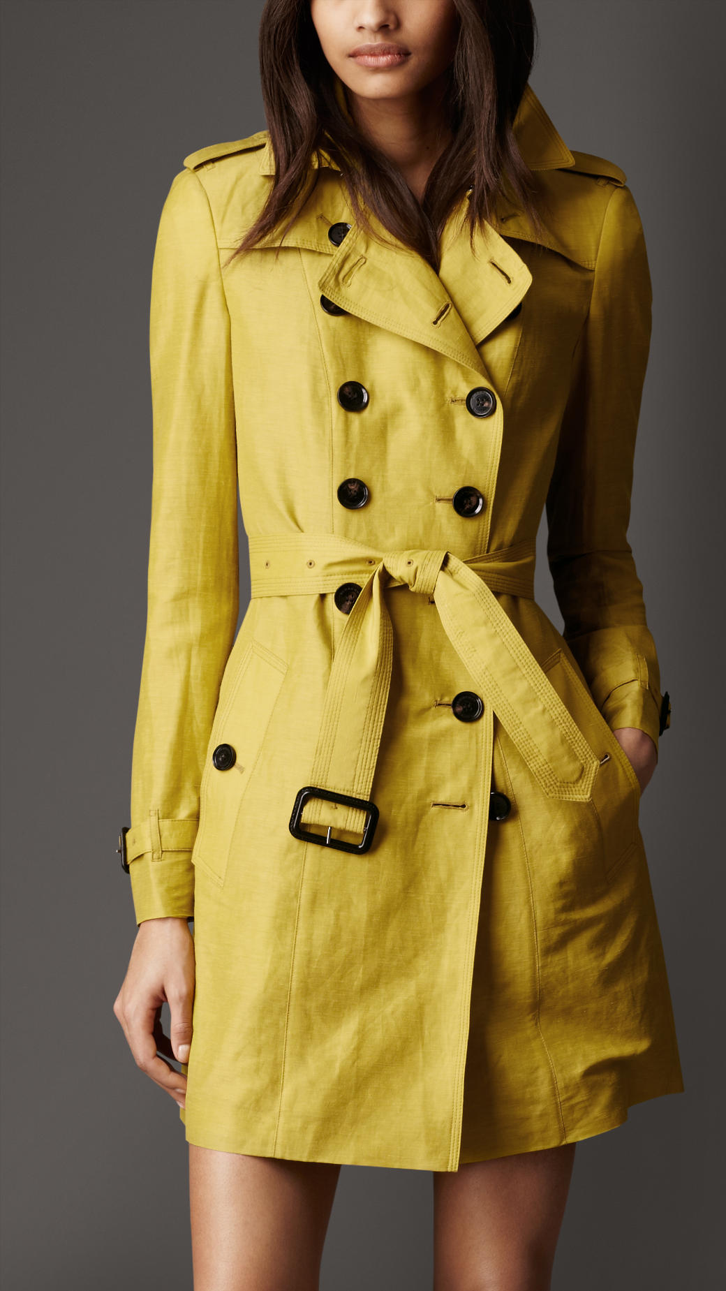 Lyst - Burberry Midlength Linen Silk Trench Coat in Yellow