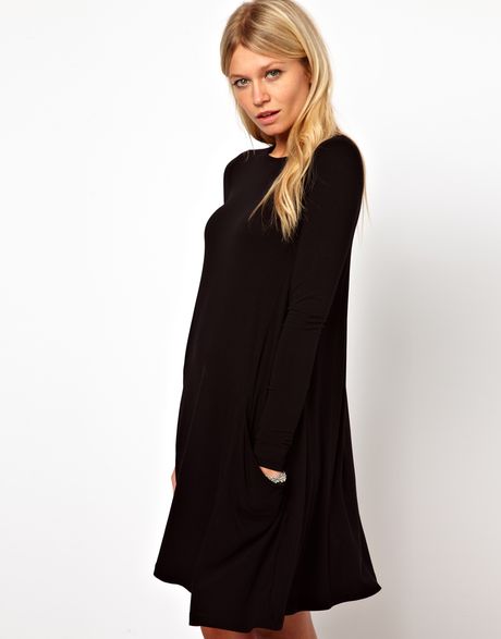 Asos Collection Swing Dress with Pockets and Long Sleeves in Black | Lyst