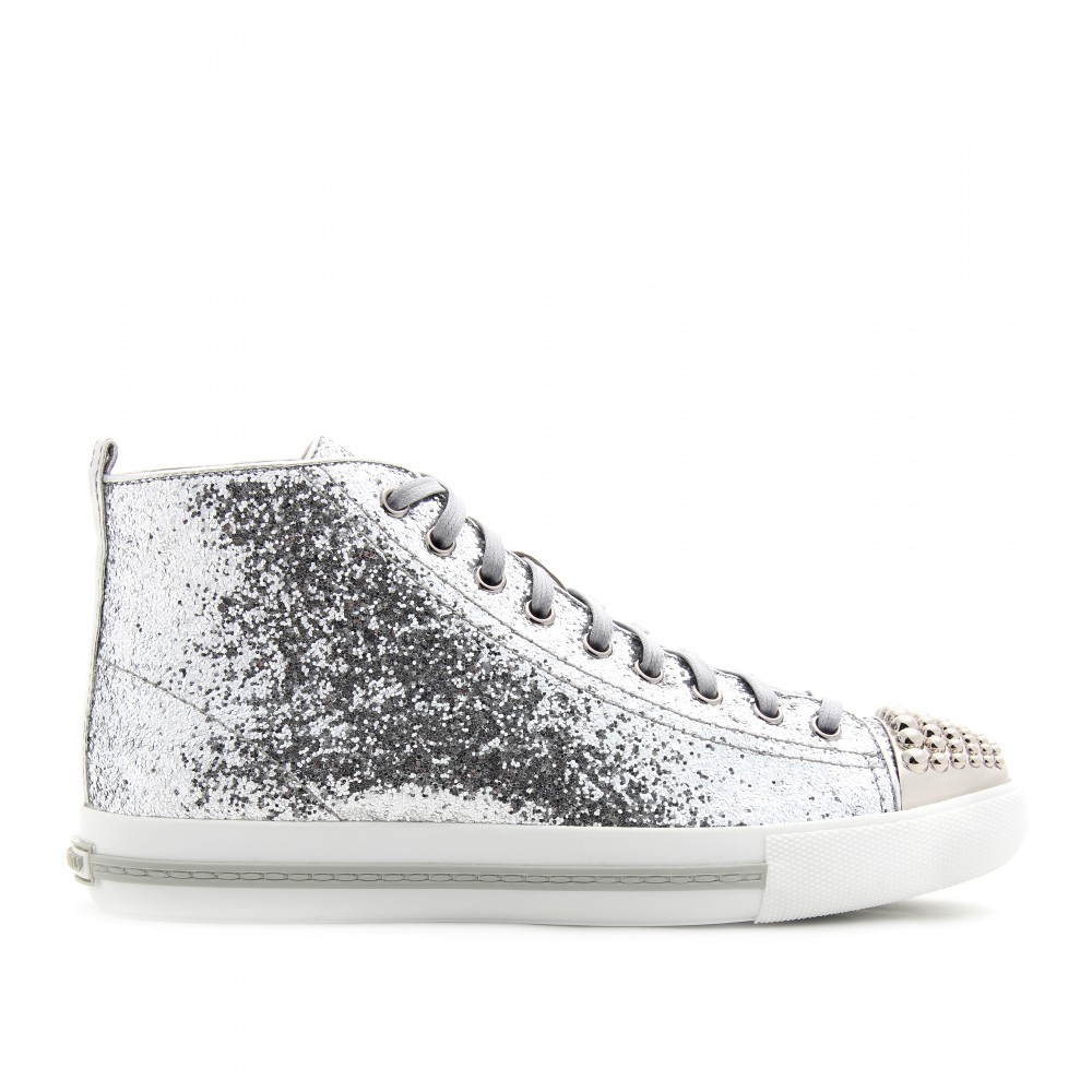 Lyst - Miu miu Glitter Hightop Sneakers in Gray