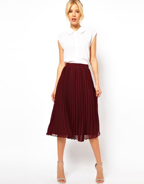 Asos Midi Skirt with Pleats in Red (oxblood) | Lyst