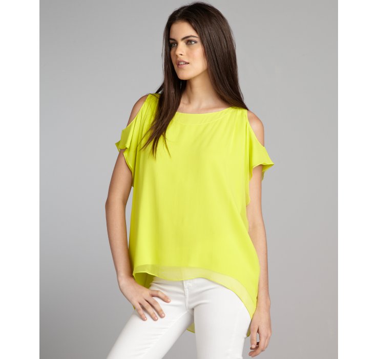 Alice + olivia Neon Yellow Silk Cutout Shoulder Short Sleeve Blouse in