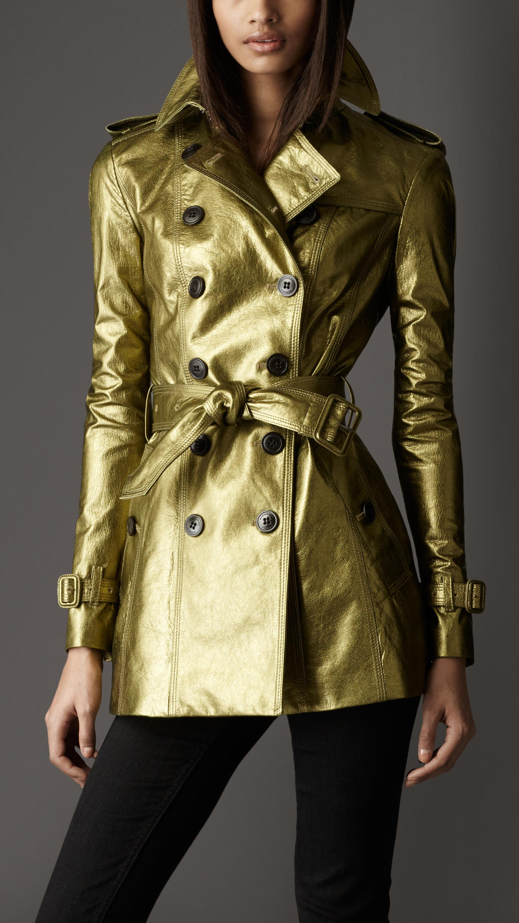 Lyst - Burberry Short Metallic Leather Trench Coat in Green