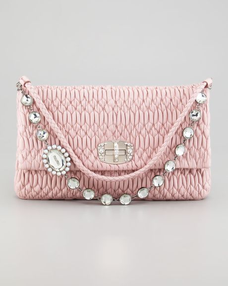 Miu Miu Ruched Napa Leather Crystal Large Bag in Pink (cream) | Lyst