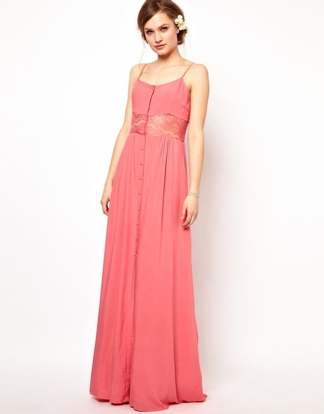 Jarlo Maxi Dress with Lace Inserts and Button Detail in Pink | Lyst