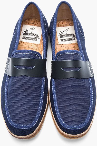 H By Hudson Navy Blue Canvas and Leather Antara Penny Loafers in Blue ...