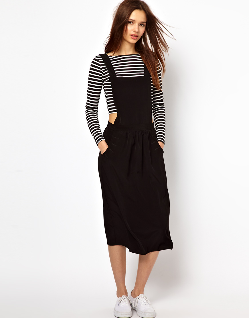 River island Midi Length Pinafore Dress in Black | Lyst