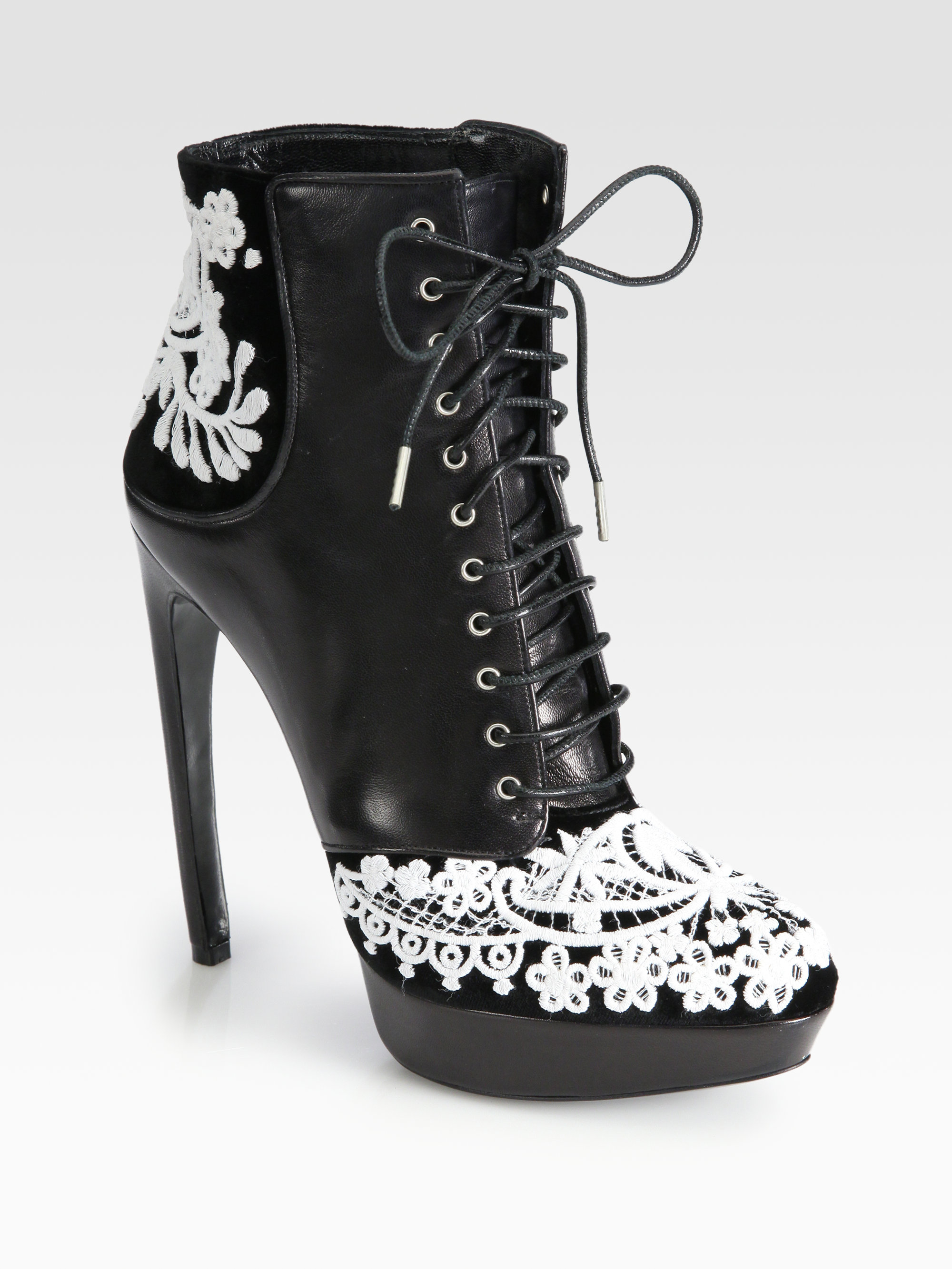 Lyst - Alexander Mcqueen Leather Embroidered Velvet Laceup Ankle Boots ...