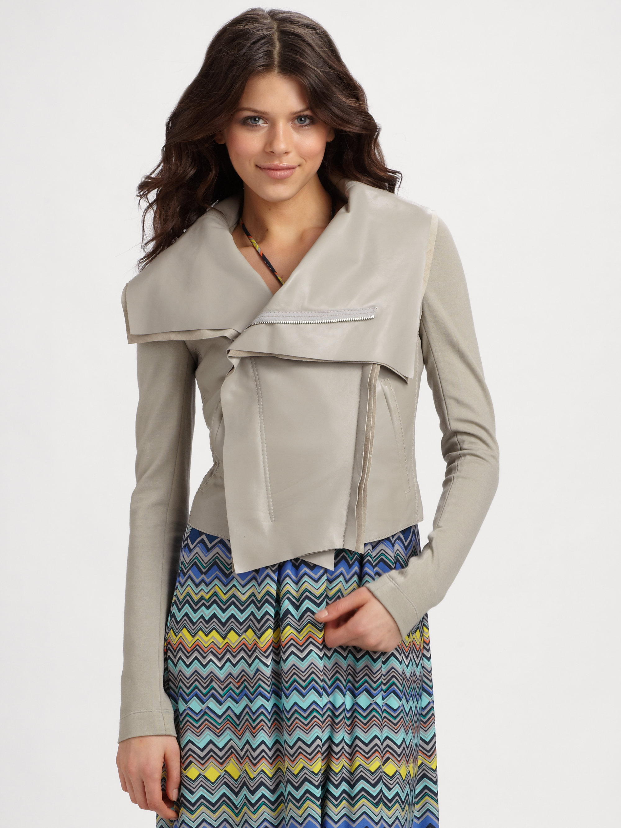 Lyst Bcbgmaxazria Asymmetrical Leather Jacket In Gray Gallery