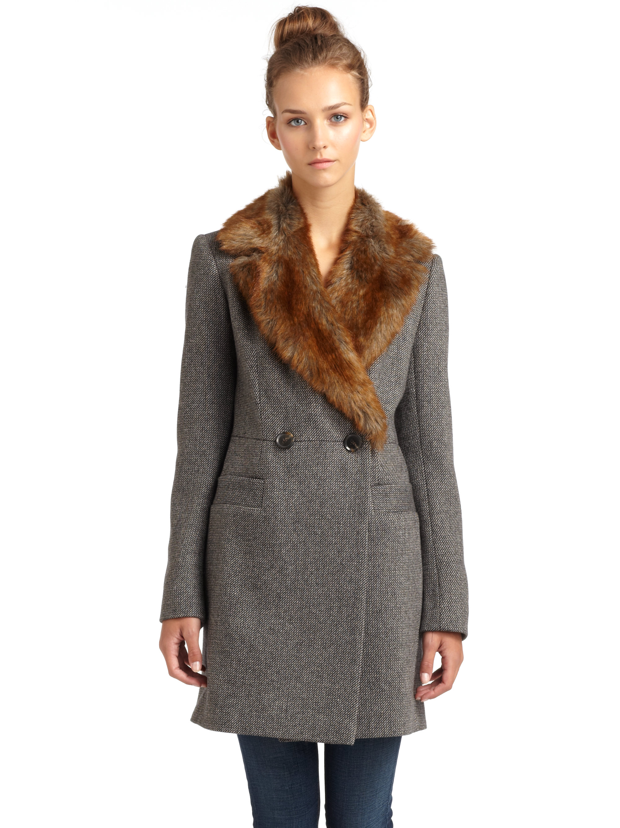 Lyst - French Connection Anderson Fur Collar Coat in Gray