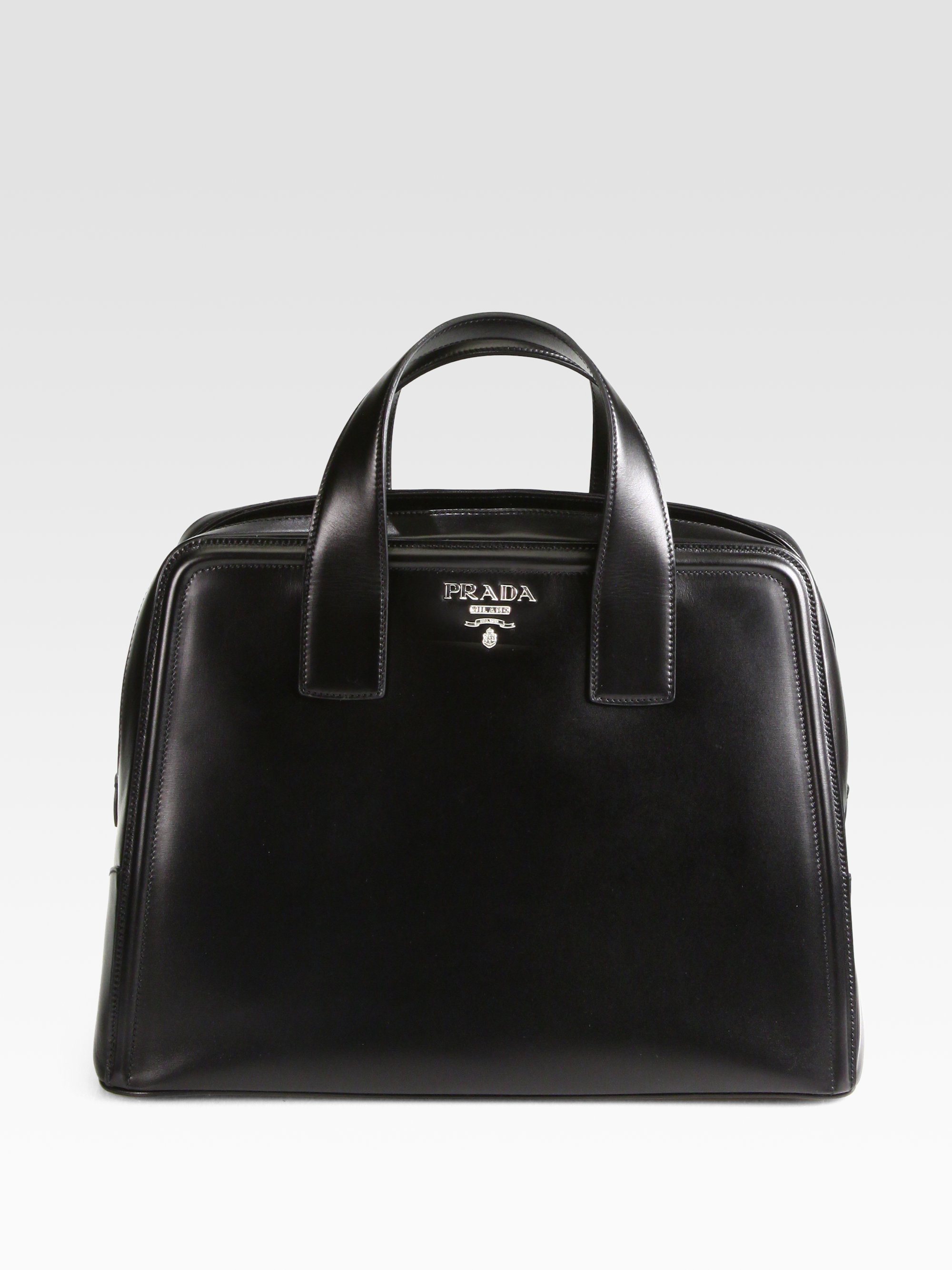 prada sale purses - Prada Box Calf Double Handle Satchel in Black (nero-black) | Lyst