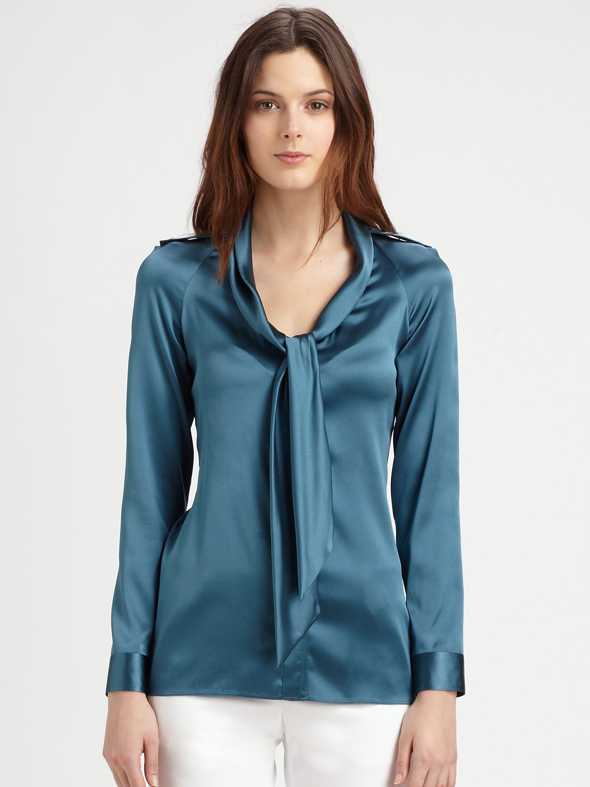 Burberry Silk Satin Tie Blouse in (pale petrol blue) | Lyst