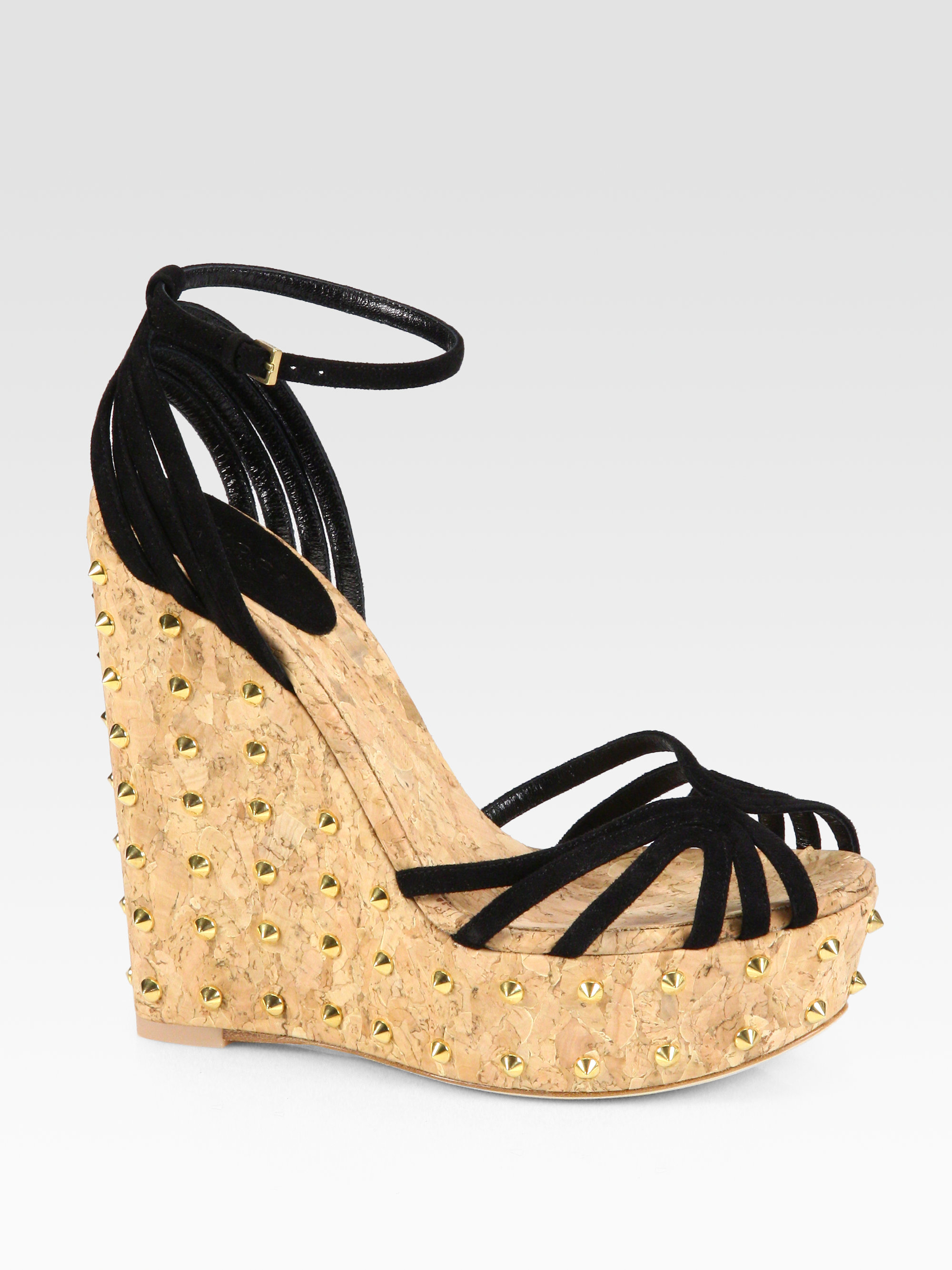 Gucci Suede Studded Cork Wedge Sandals in Black | Lyst