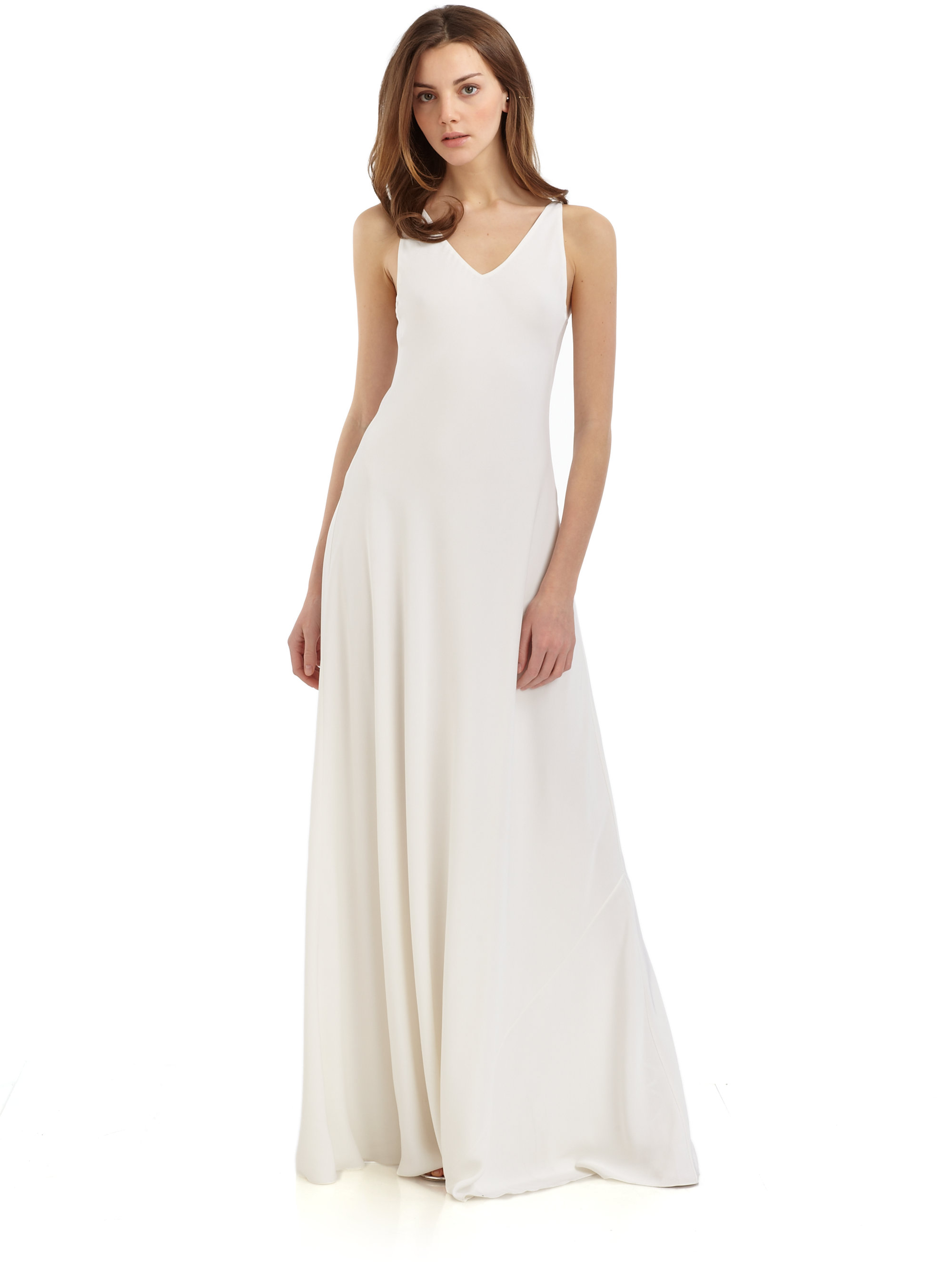 Lyst - Halston Long Vneck Silk Dress in White