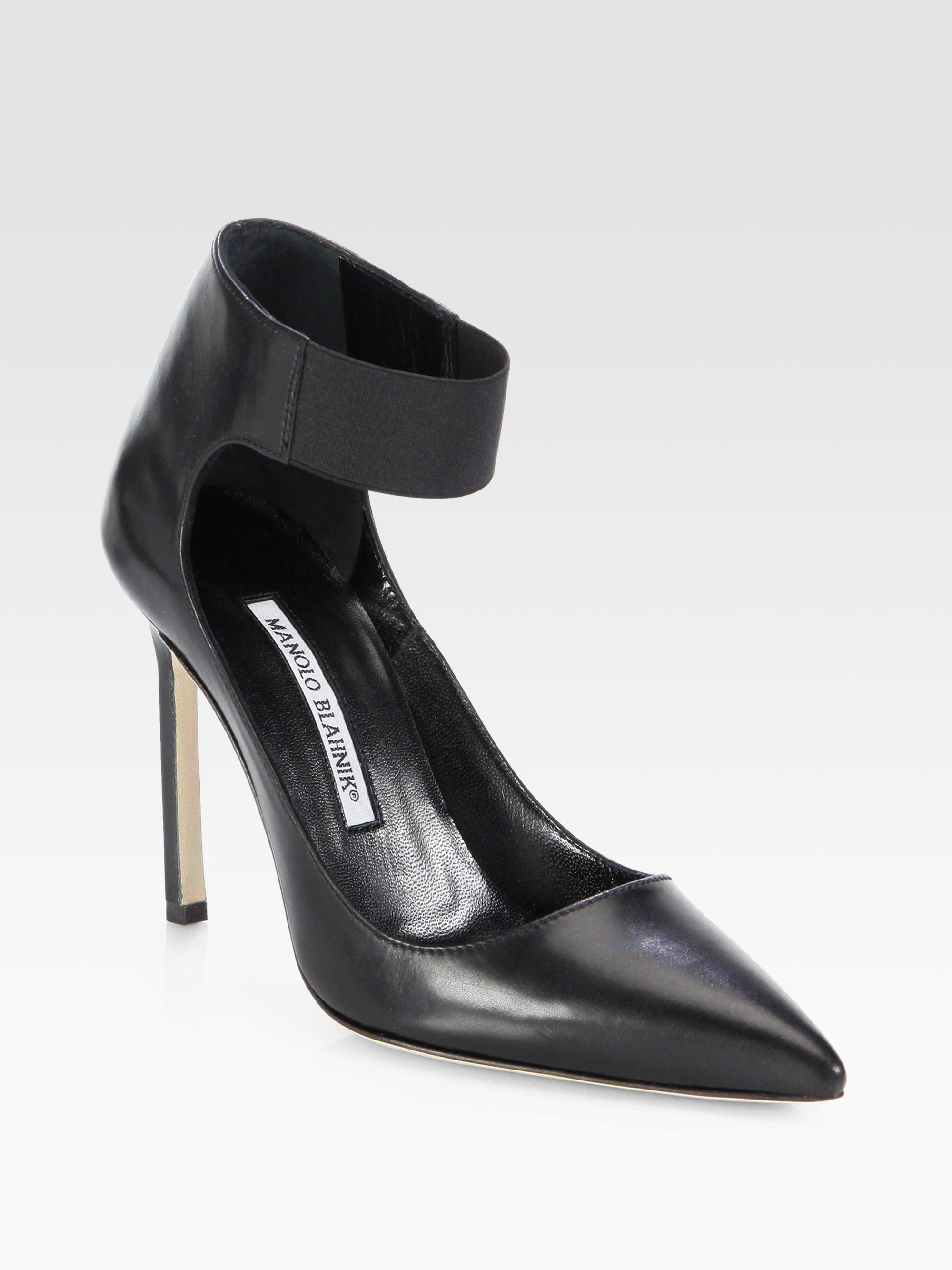 black leather pumps with ankle strap